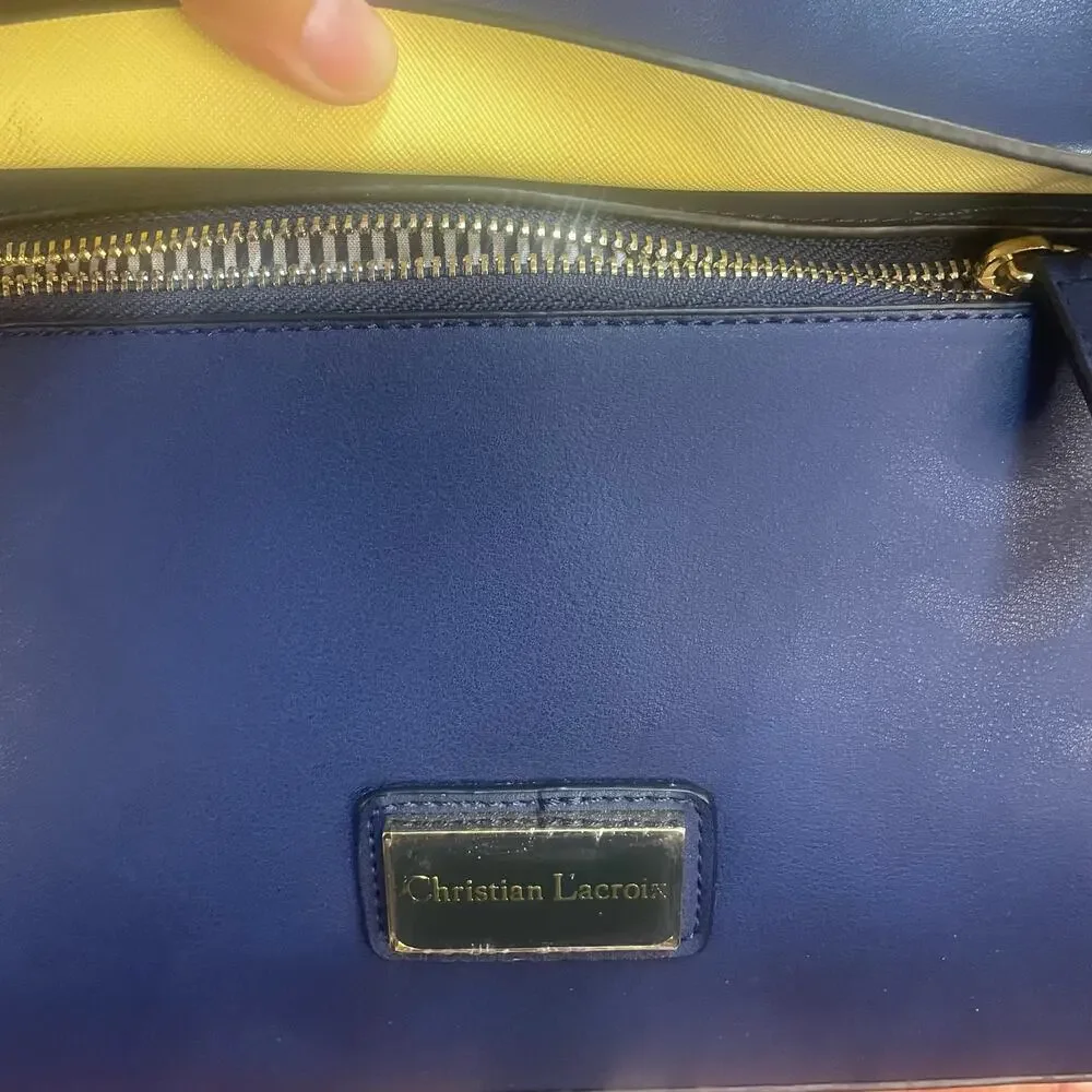 NWOT Christian Lacroix Jada Structured Satchel Crossbody Navy/Yellow Faux Leathe